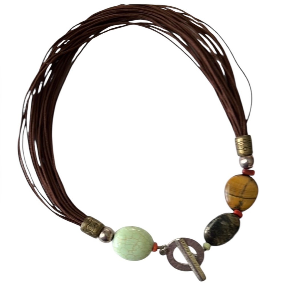 Bohemian Multi-Bead Brown Cord Necklace with Turquoise and Amber Accents - Picture 1 of 2